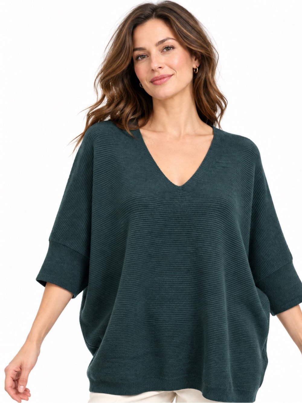 Eileen Fisher Teal Merino Wool Oversized V-Neck Sweater Large Classic Preppy